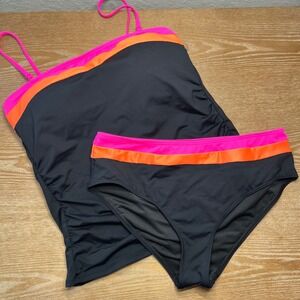 Daci Womens Tankini Swimsuit Set Medium Black Neon Pink Orange Colorblock Ruched